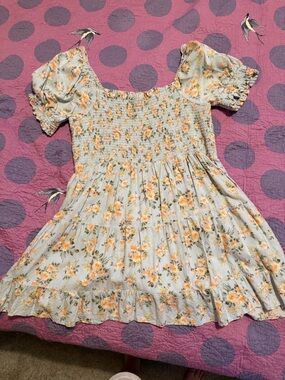 American Eagle Outfitters Light Blue Floral Smocked Mini Dress